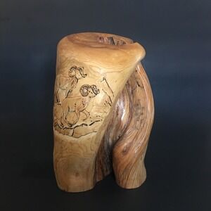 Hand Carved Driftwood Log Home Decor Signed Coy Carved Ram Embossed Detail 8"x5"